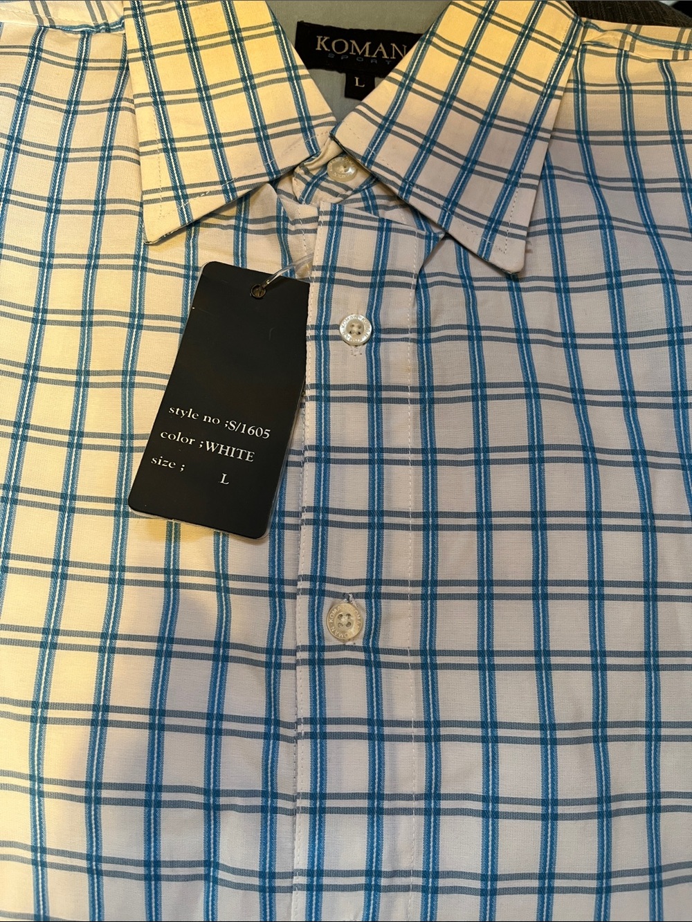 Men's White Button-Up Shirt with Blue Check Pattern - L